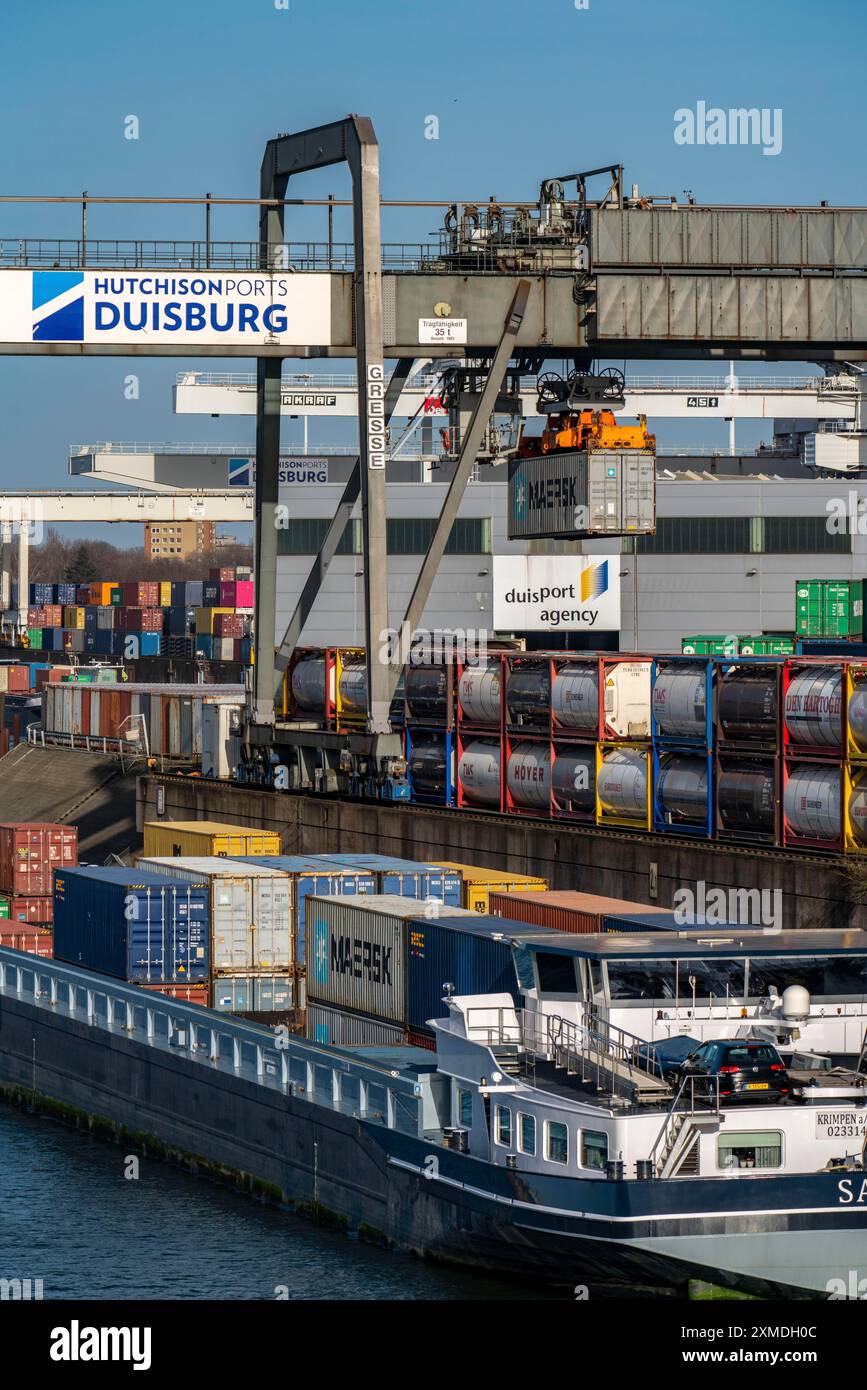 Port of Duisburg Ruhrort, Container freighter being loaded and unloaded ...
