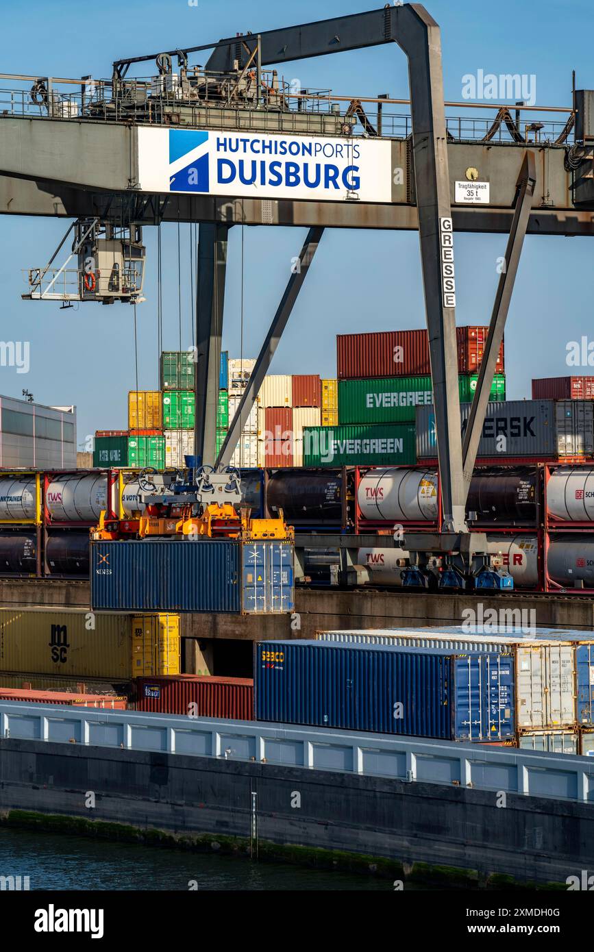 Port of Duisburg Ruhrort, Container freighter being loaded and unloaded ...