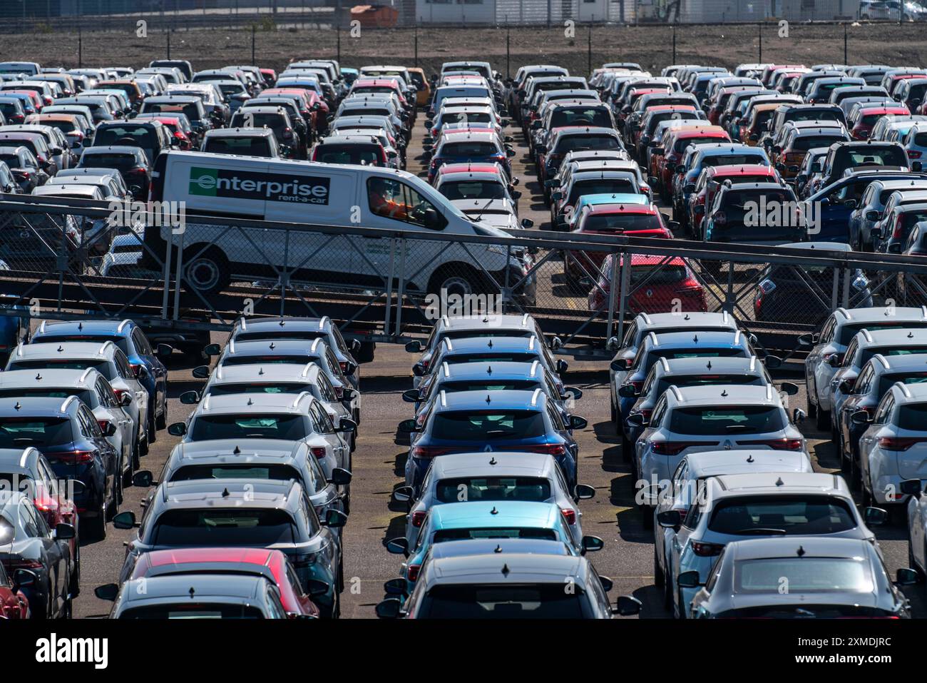 Car terminal in the inland port Logport I, in Duisburg on the Rhine, vehicle handling of new cars, vans for the car hire company Enterprise Rent a Stock Photo