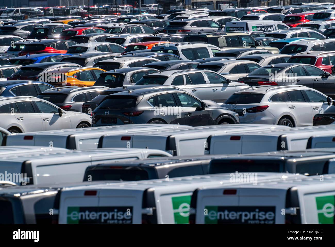Car terminal in the inland port Logport I, in Duisburg on the Rhine, vehicle handling of new cars, vans for the car hire company Enterprise Rent a Stock Photo