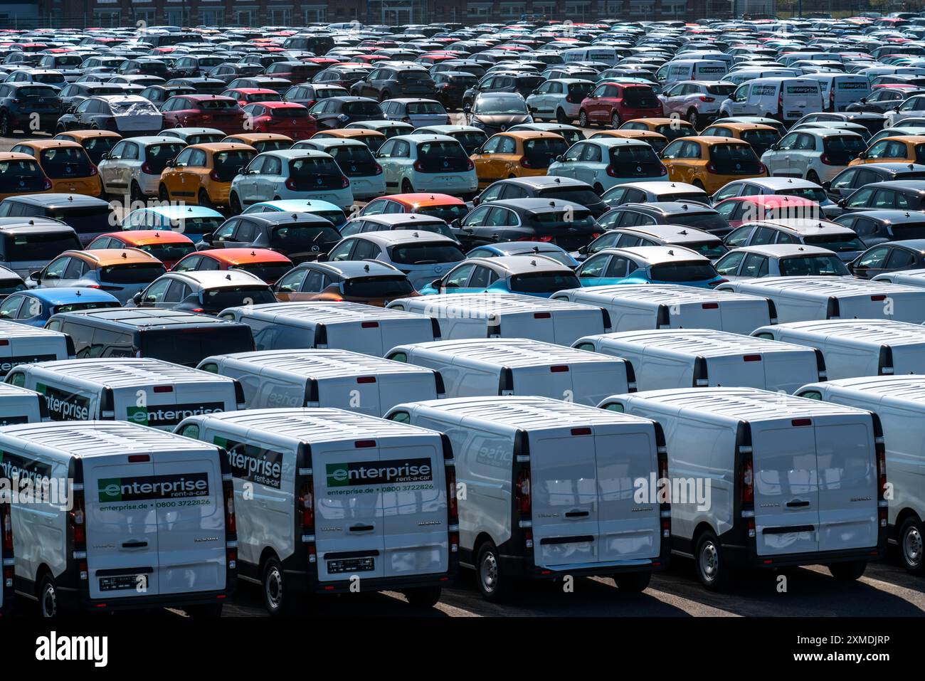 Car terminal in the inland port Logport I, in Duisburg on the Rhine, vehicle handling of new cars, vans for the car hire company Enterprise Rent a Stock Photo