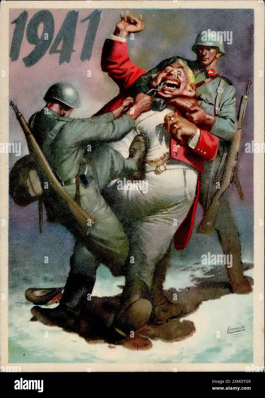 An Italian propaganda poster promoting the German-Italian axis. It shows German and Italian soldiers attacking John Bull, a personification of the UK. Stock Photo