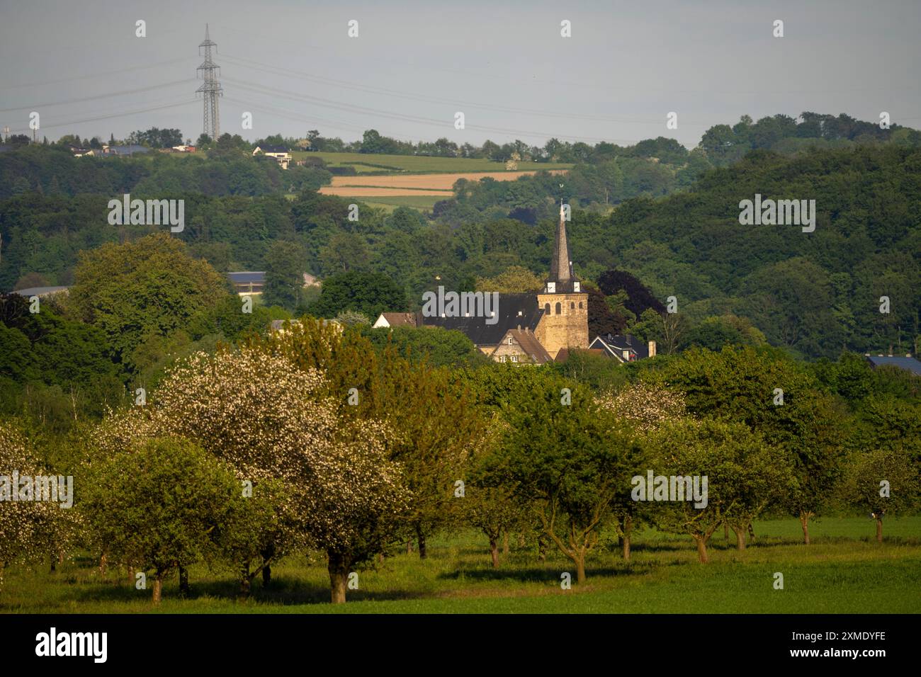 The Ruhr valley between Essen and Muelheim an der Ruhr, view to the east of Essen-Kettwig, market church in the old town centre, from the Muelheim Stock Photo