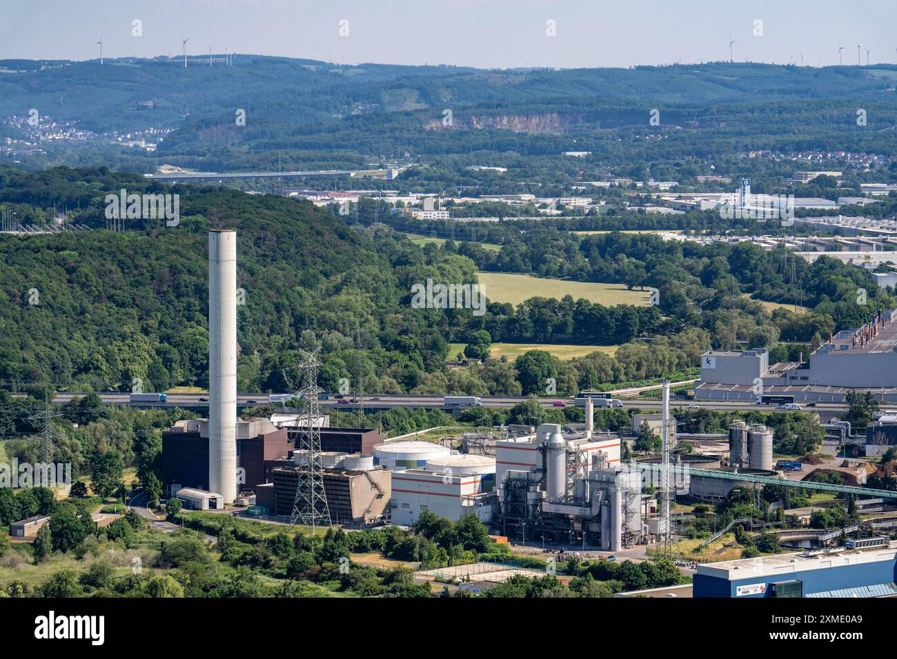 Hagen-Bathey industrial estate, the A1 motorway runs through the middle, the Hagen-Kabel combined heat and power plant in front, the Kabel Premium Stock Photo