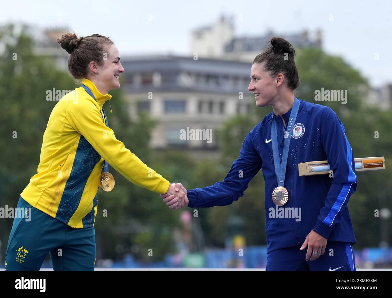 Paris, France. 27th July, 2024. Gold medalist Grace Brown (L) of