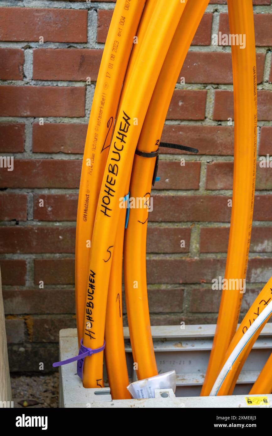 Distribution box in which empty conduits for fibre optic cables arrive and are connected, in which the actual fibre optic cable is later blown in and Stock Photo
