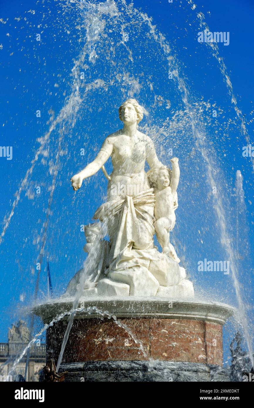 Marble statue of the goddess Latona with children Diana and Apollo, Latona Fountain, Latona Fountain, fountain, castle park, Herrenchiemsee Castle Stock Photo