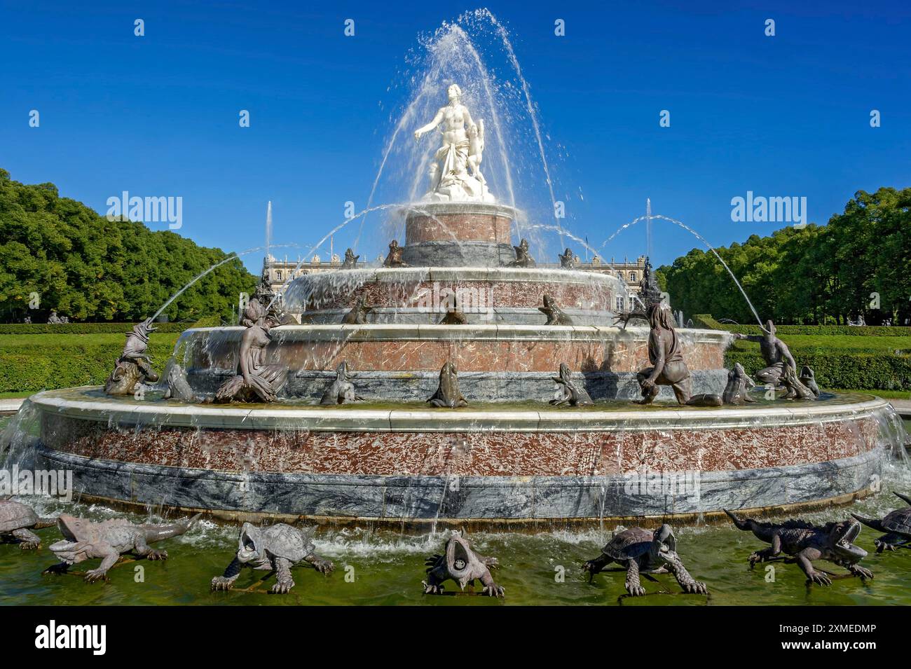 Latona Fountain, Latona Fountain, fountain with statue of the goddess Latona and gargoyles, animal figures, castle park, Herrenchiemsee Castle Stock Photo