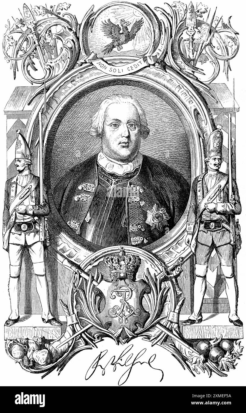 Portrait of Prussian King Frederick William I, picture frame, soldiers with rifle, motto Non Soli Credit or He does not give way to the sun, eagle Stock Photo