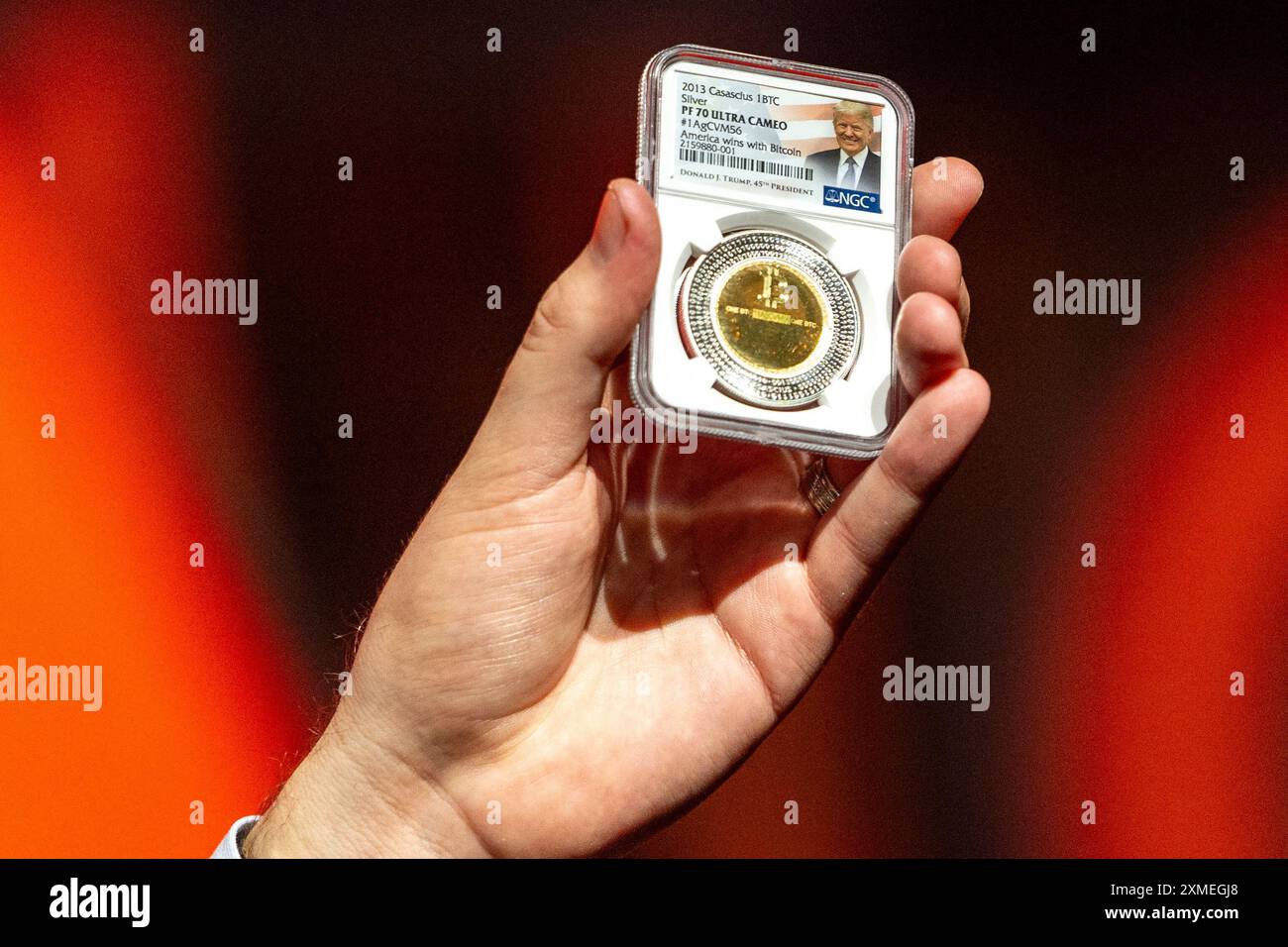 CORRECTS AS BITCOIN WAS NOT SEEN PRESENTED - A bitcoin token is shown at  the Bitcoin 2024 conference, Saturday, July 27, 2024, in Nashville, Tenn.,  attended by Republican presidential candidate former President