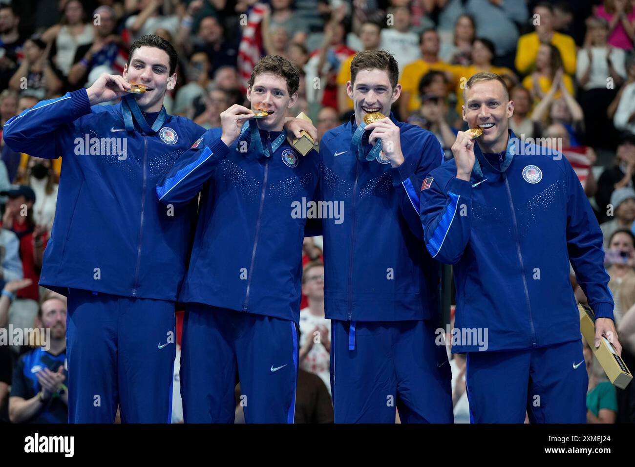 The United States men's 4x100meter freestyle relay team celebrate on