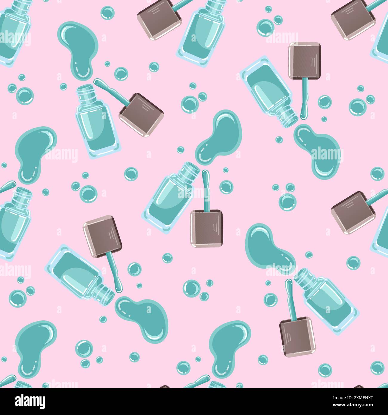 Vector seamless pattern of green nail polish bottles, brushes, and splashes on a pink background Stock Vector