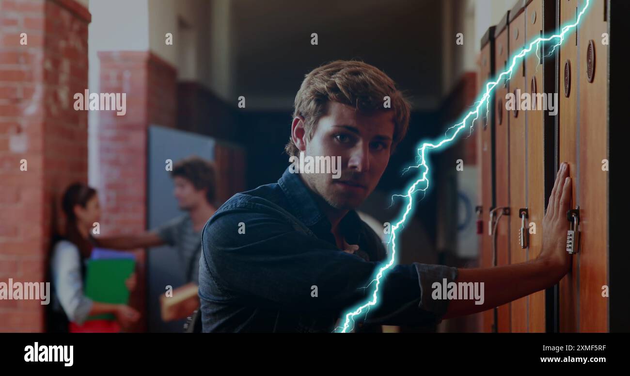 Image of lightnings over caucasian male student at school Stock Photo ...