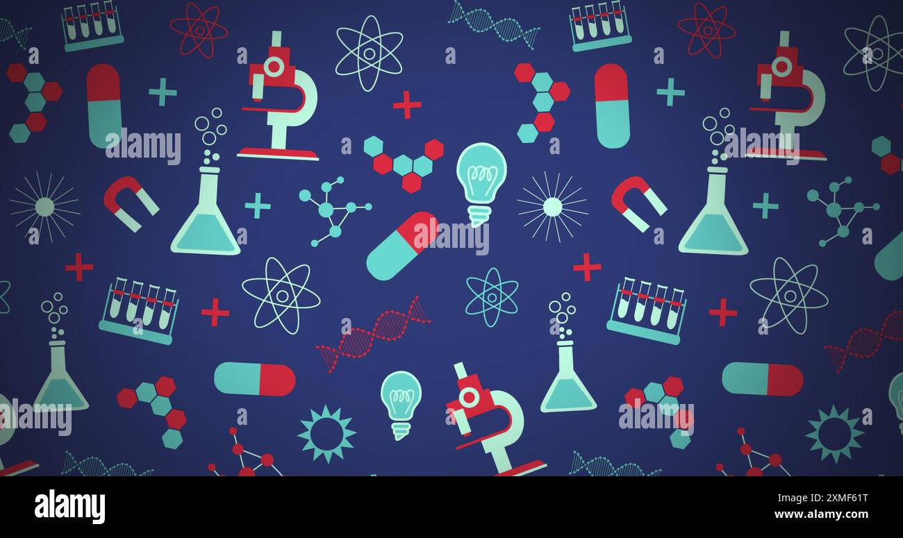 Image of multiple science concept icons against copy space on blue ...