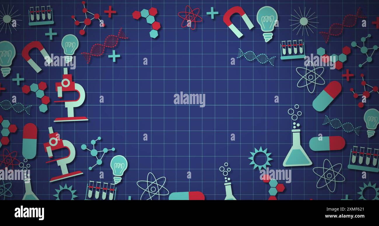 Image of multiple science concept icons against copy space on blue ...