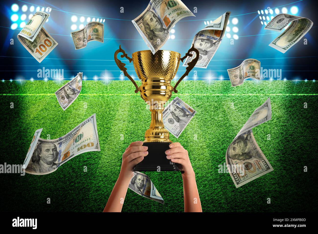 Trophy Raining Background Woman holding gold trophy cup in money rain at stadium, closeup Stock ...
