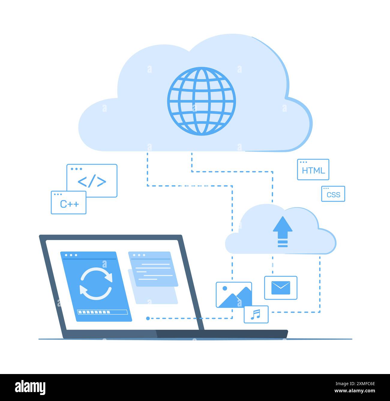 Laptop Computer Syncing Data with Cloud Computing Service for Wireless Network Connection Technology Concept Illustration Stock Vector