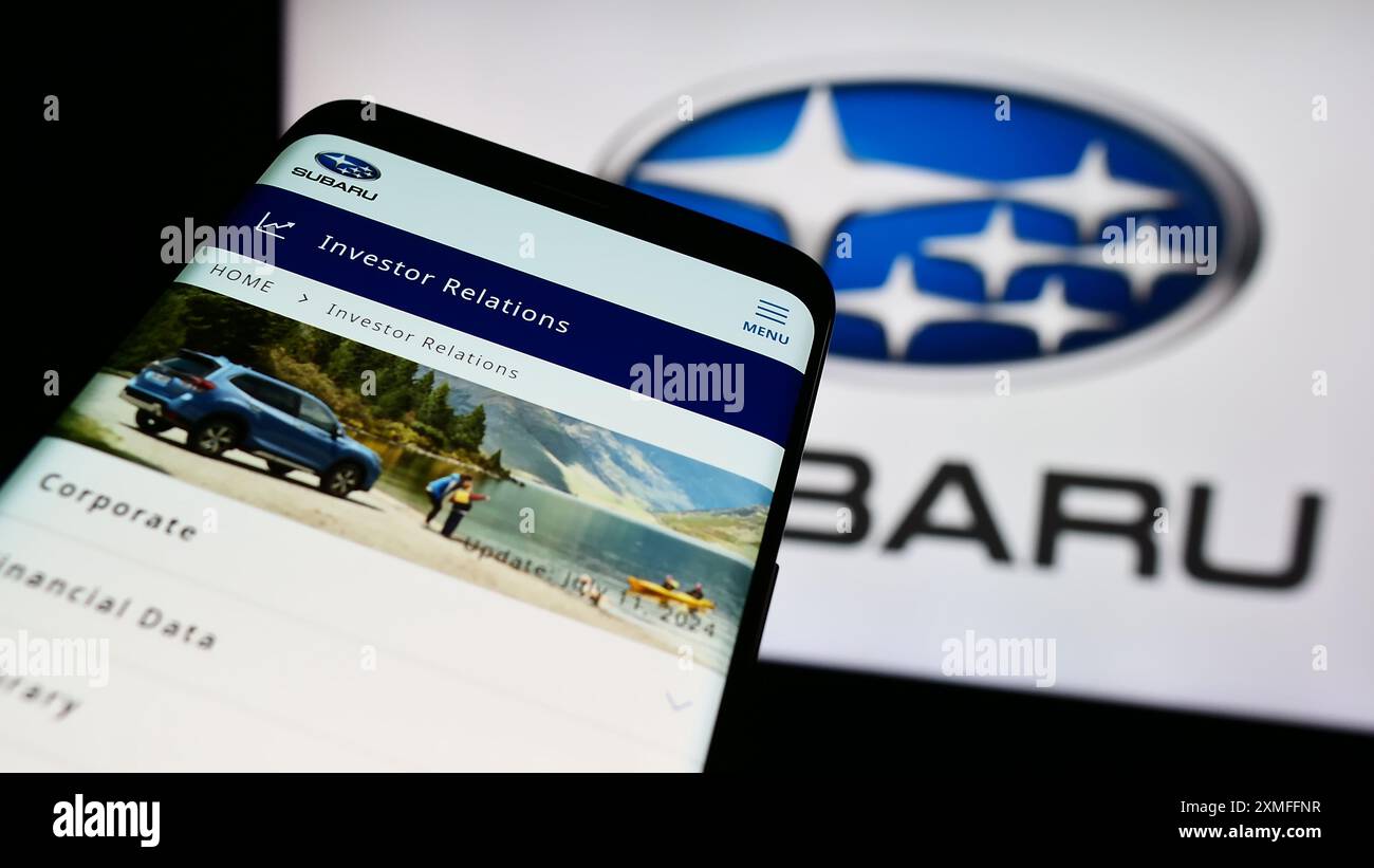 Mobile phone with website of Japanese company Subaru Corporation in