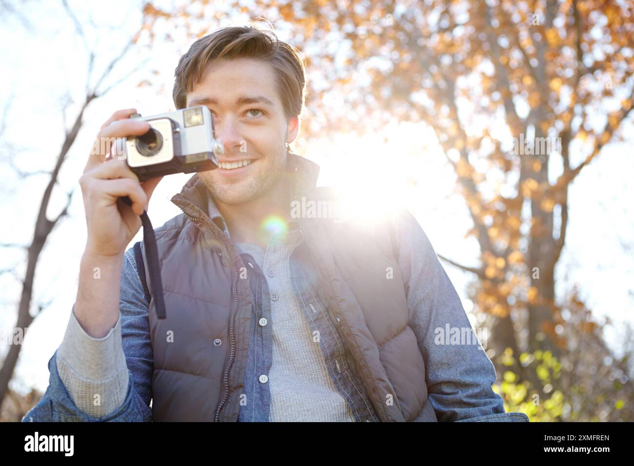 Man, camera and portrait for photography outdoor with adventure travel ...