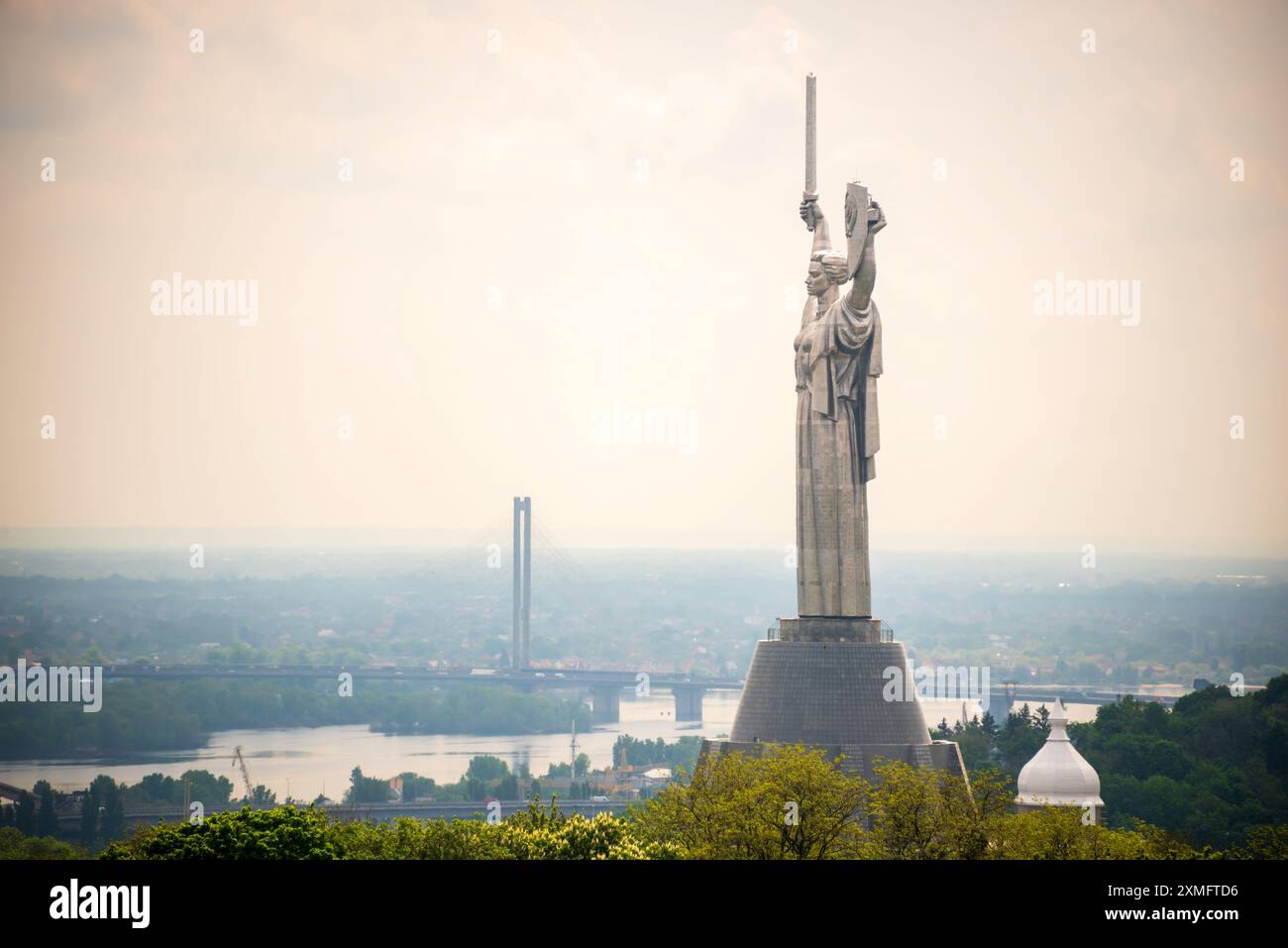 Aerial panoramic skyline view of Kyiv (formerly Kiev), Ukraine's capital city, with the Motherland Monument, also known as the Mother Ukraine statue. Stock Photo