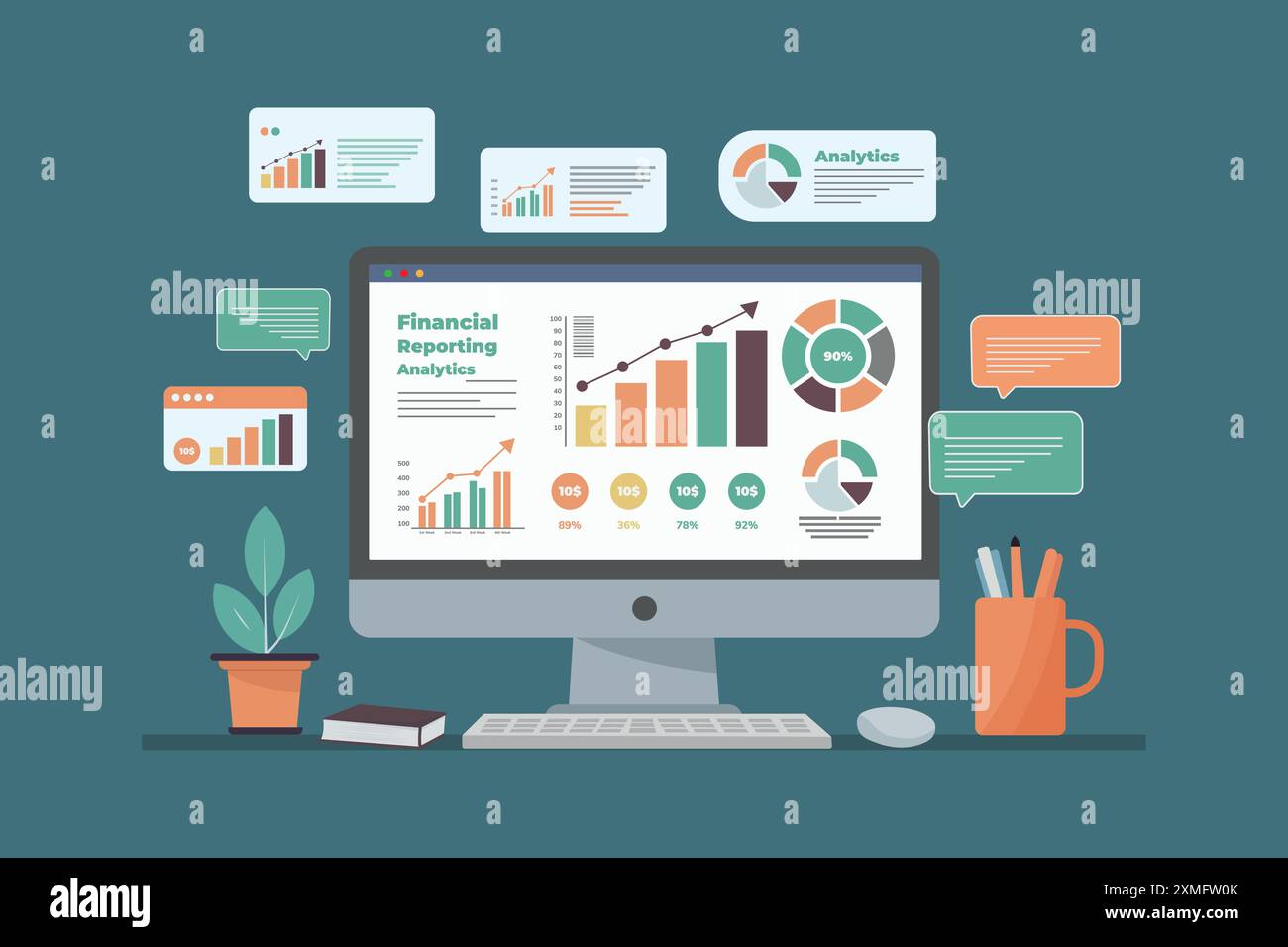 Computer Monitor displays financial reporting infographics, including various charts, stock growth, and messages on the screen Stock Vector