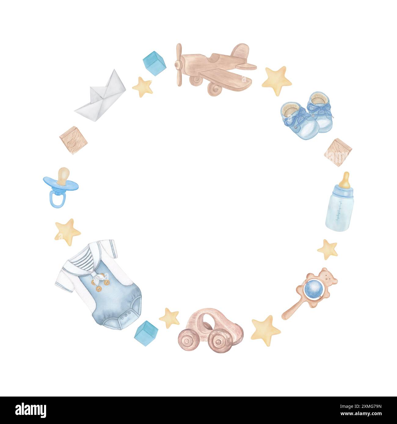 Charming watercolor frame featuring children's toys: wooden airplane ...