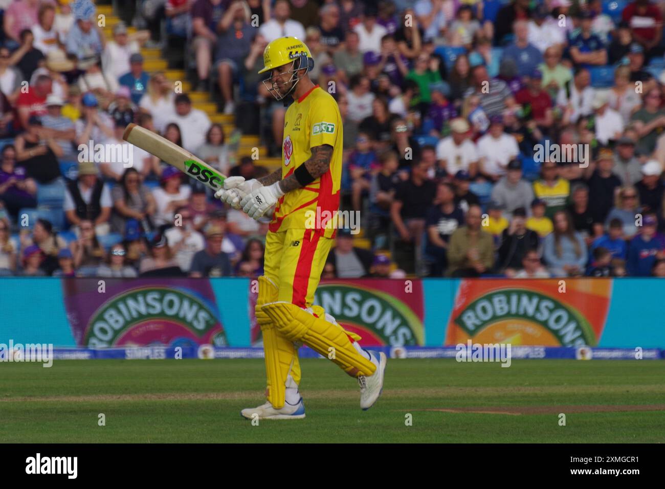 Leeds, 26 July 2024. Alex Hales batting for Trent Rockets men leaving the field after being dismissed by Northern Superchargers men in The Hundred at Headingley. Credit: Colin Edwards Stock Photo