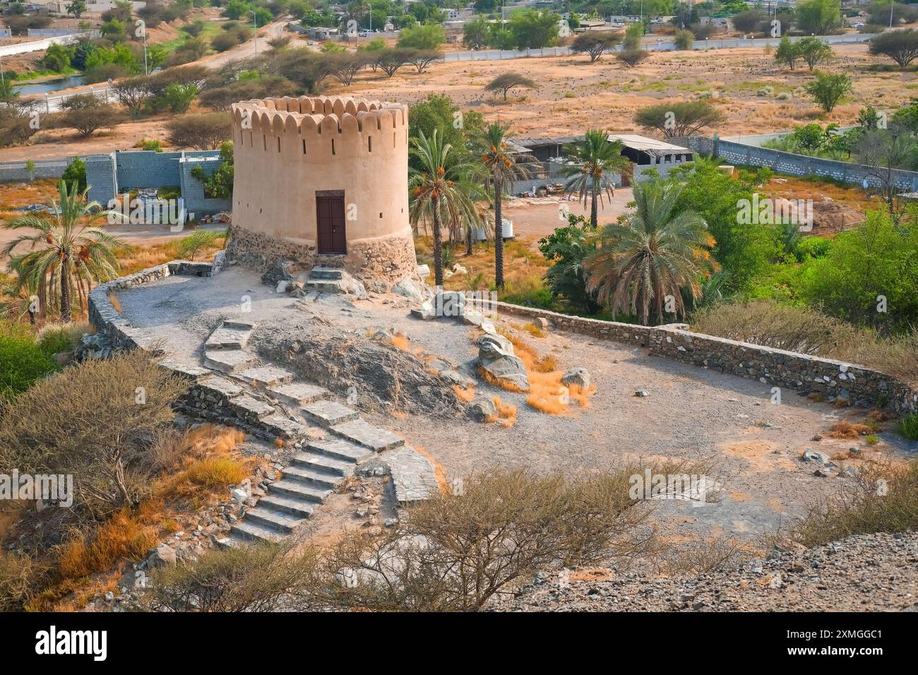 Watch Tower next to historical oldest AL Bidyah Mosque, Fujairah. UAE.Popular touristic weekend travel destination. Stock Photo