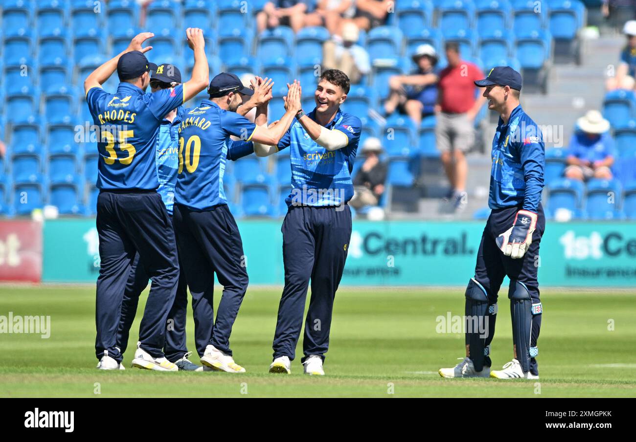 Hove UK 28th July 2024 -  Warwickshire bowler Michael Booth is congratulated after taking the wicket of  Sussex's Tom Clark during the Metro Bank One Day Cup cricket match between Sussex Sharks and Warwickshire at the 1st Central County Ground in Hove : Credit Simon Dack /TPI/ 17�Թ����� Live News Stock Photo