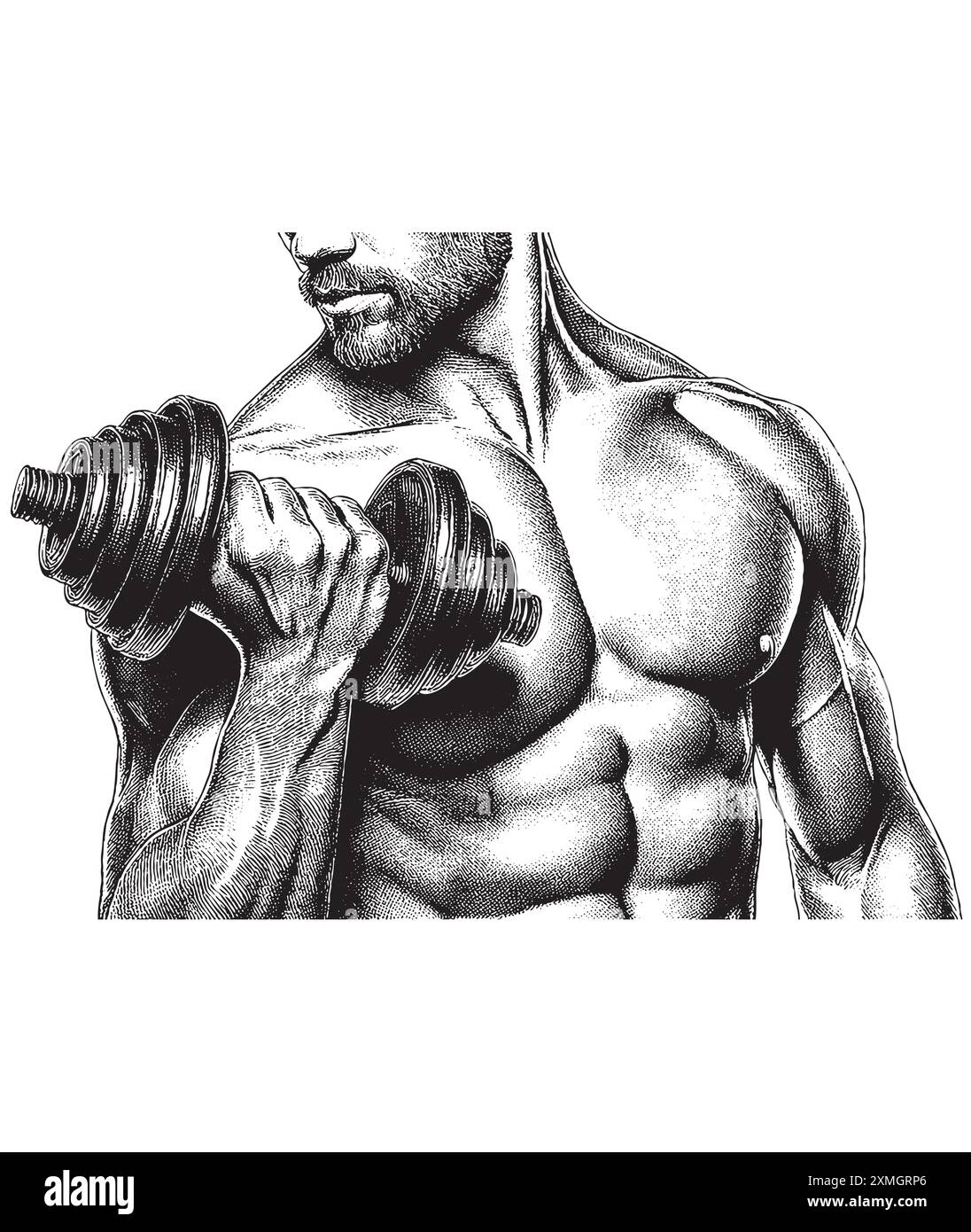 Vintage engraving style vector illustration of a handsome man working out with a heavy dumbbell Stock Vector