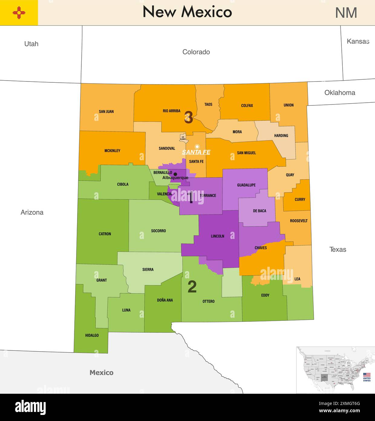 New Mexico state map with counties - New Mexico State Map With Counties Borders And Colored Congressional Districts Boundaries Due To The 2020 United States Census And Which Is Valid Sinc 2XMGT6G 