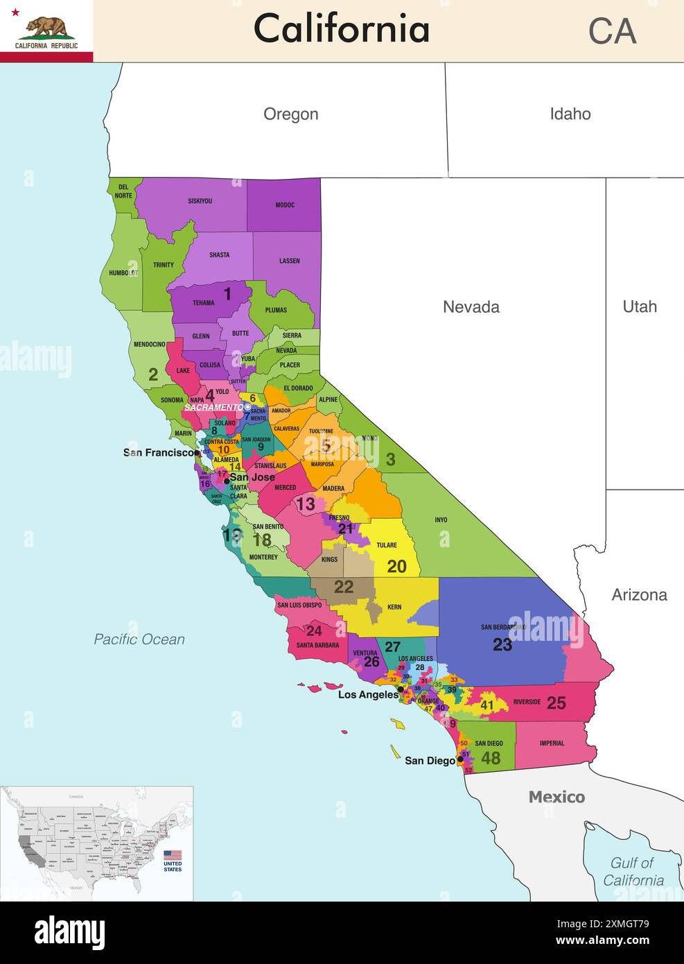 California state map with counties borders and colored congressional districts boundaries due to