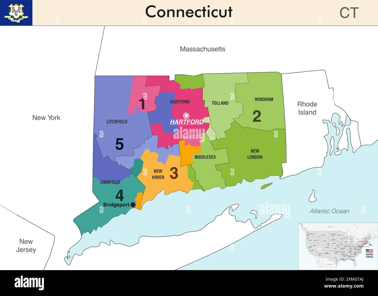 Connecticut state map with counties - Connecticut State Map With Counties Borders And Colored Congressional Districts Boundaries Due To The 2020 United States Census And Which Is Valid Sin 2XMGTAJ 