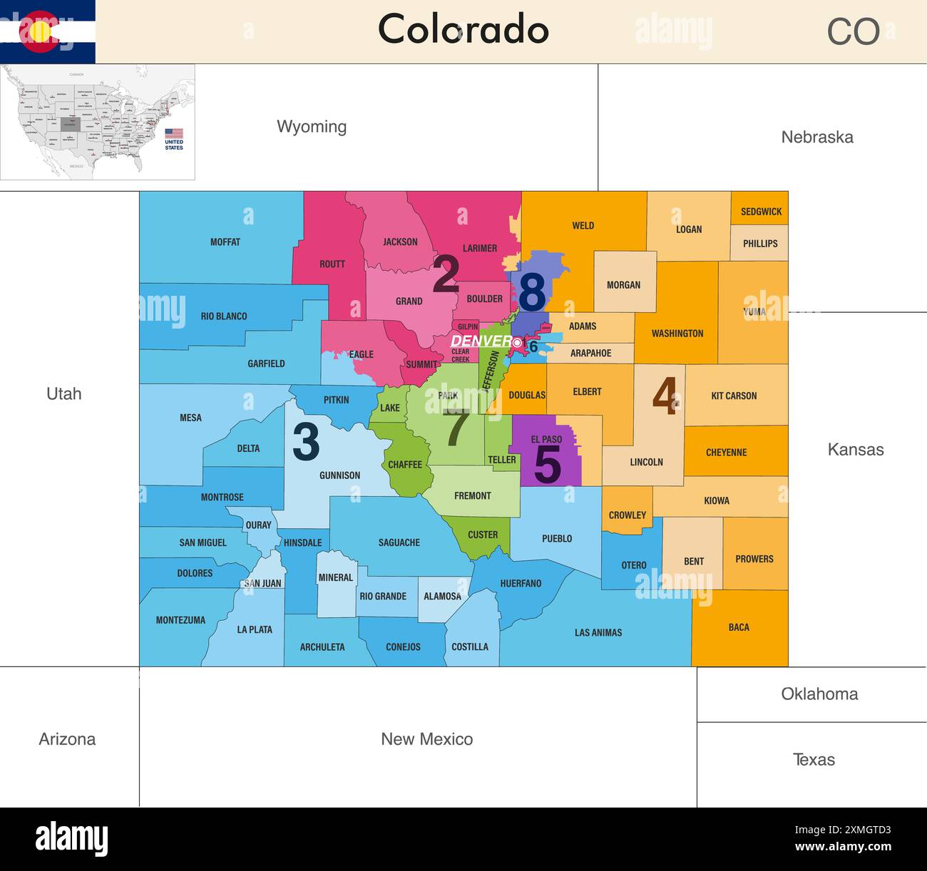 Colorado state map with counties - Colorado State Map With Counties Borders And Colored Congressional Districts Boundaries Due To The 2020 United States Census And Which Is Valid Since 2XMGTD3 