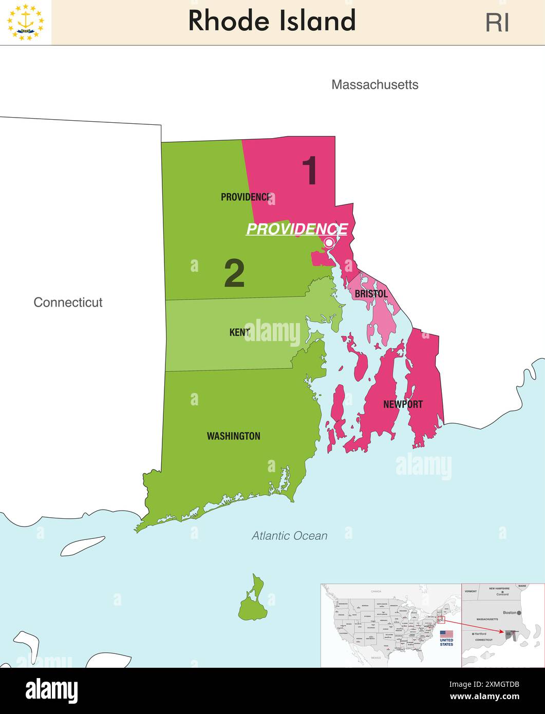 Rhode Island state map with counties borders and colored congressional ...