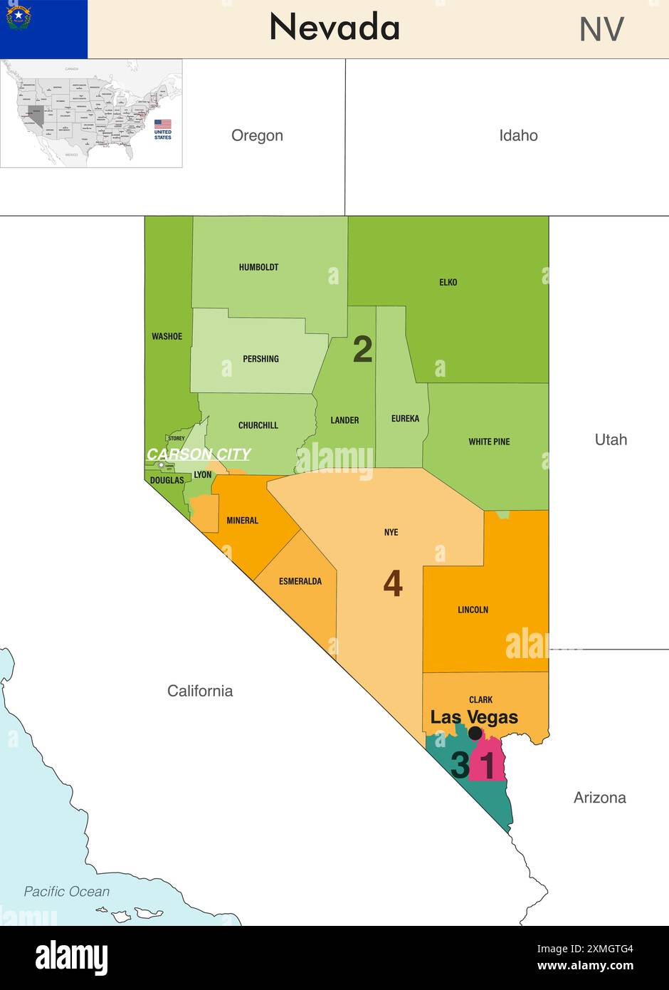 Nevada state map with counties borders and colored congressional ...