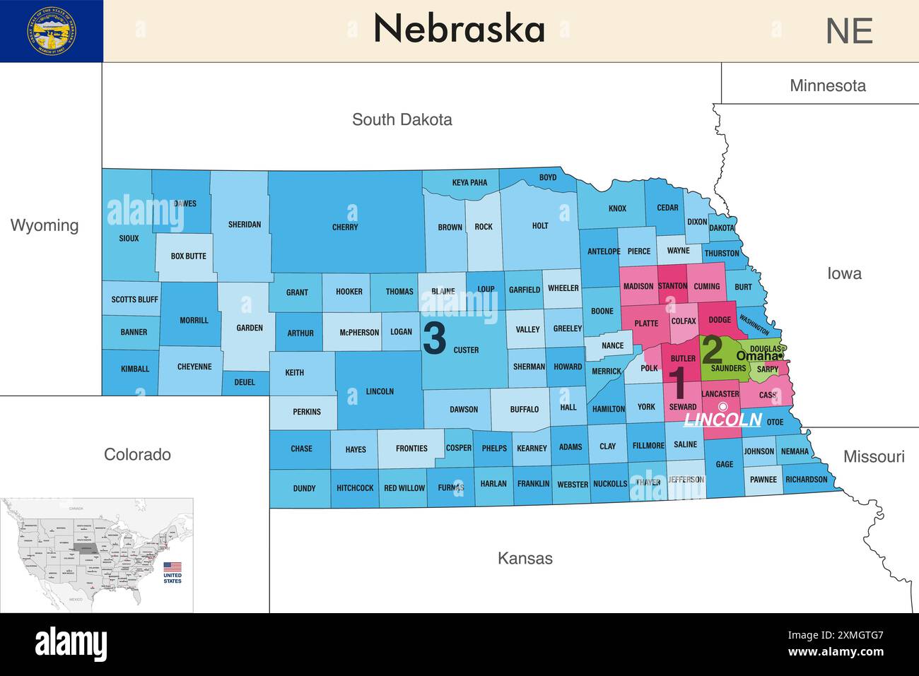 Nebraska state map with counties borders and colored congressional districts boundaries due to