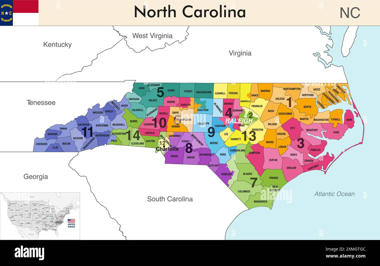 North Carolina state map with counties borders and colored congressional districts boundaries