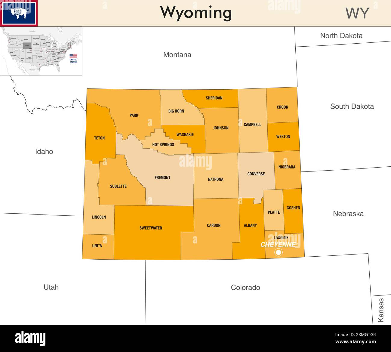 Wyoming state map with counties borders. Wyoming's at-large ...