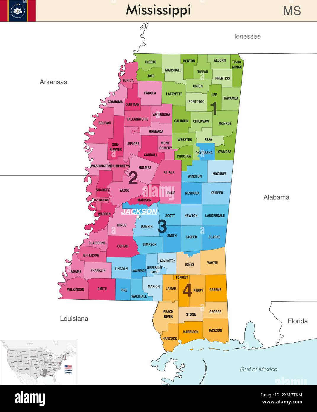 Mississippi Counties Map Stock Vector Images Alamy Mississippi State Map With Counties Borders And Colored Congressional Districts Boundaries Due To The 2020 United States Census And Which Is Valid Sin 2XMGTKM