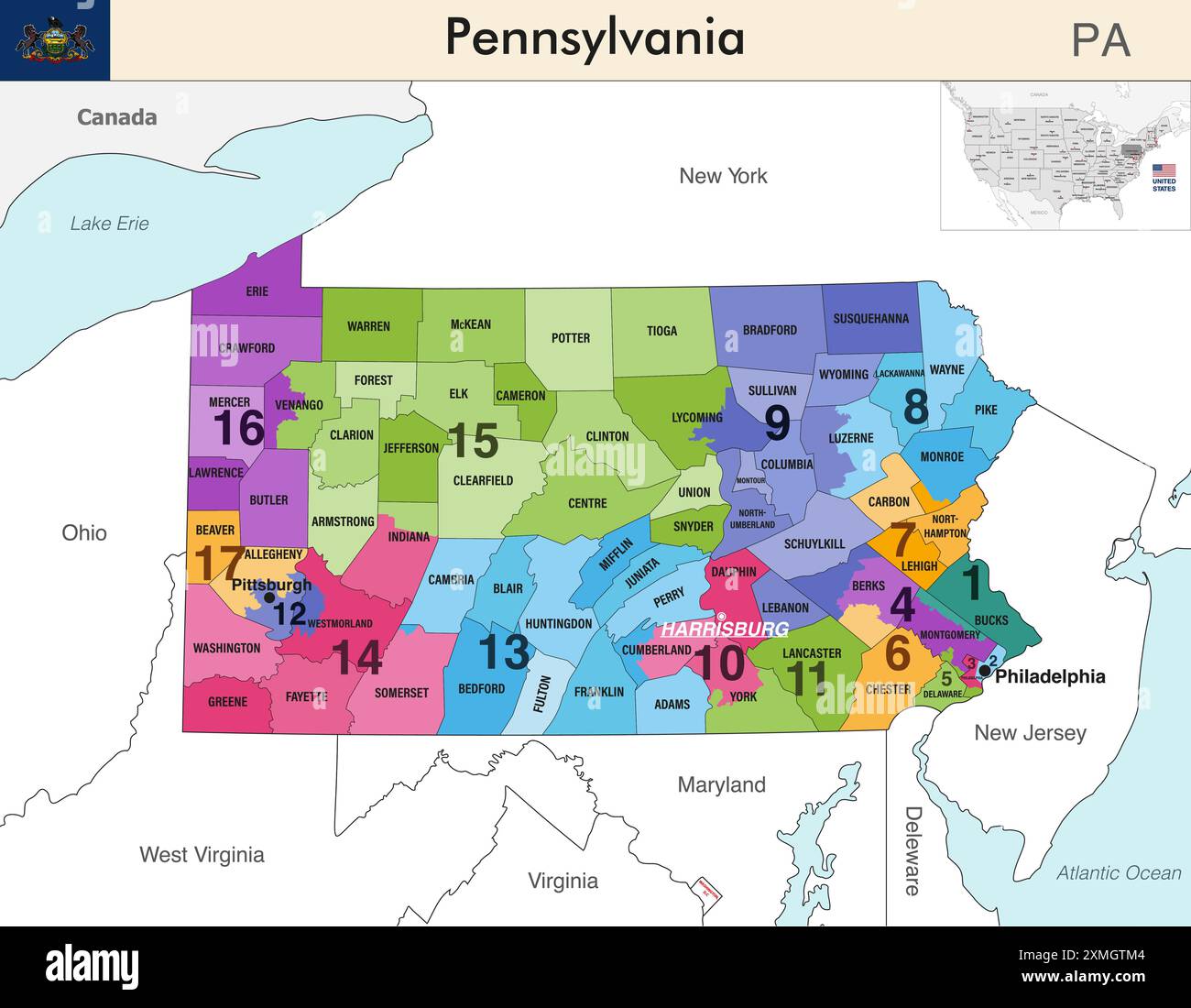 Pennsylvania State Map With Counties Borders And Colored Congressional Pennsylvania State Map With Counties Borders And Colored Congressional Districts Boundaries Due To The 2020 United States Census And Which Is Valid Si 2XMGTM4