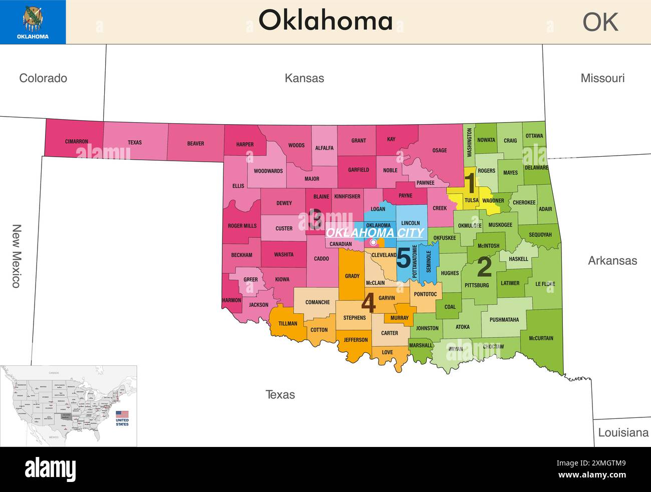 Oklahoma state map with counties - Oklahoma State Map With Counties Borders And Colored Congressional Districts Boundaries Due To The 2020 United States Census And Which Is Valid Since 2XMGTM9 