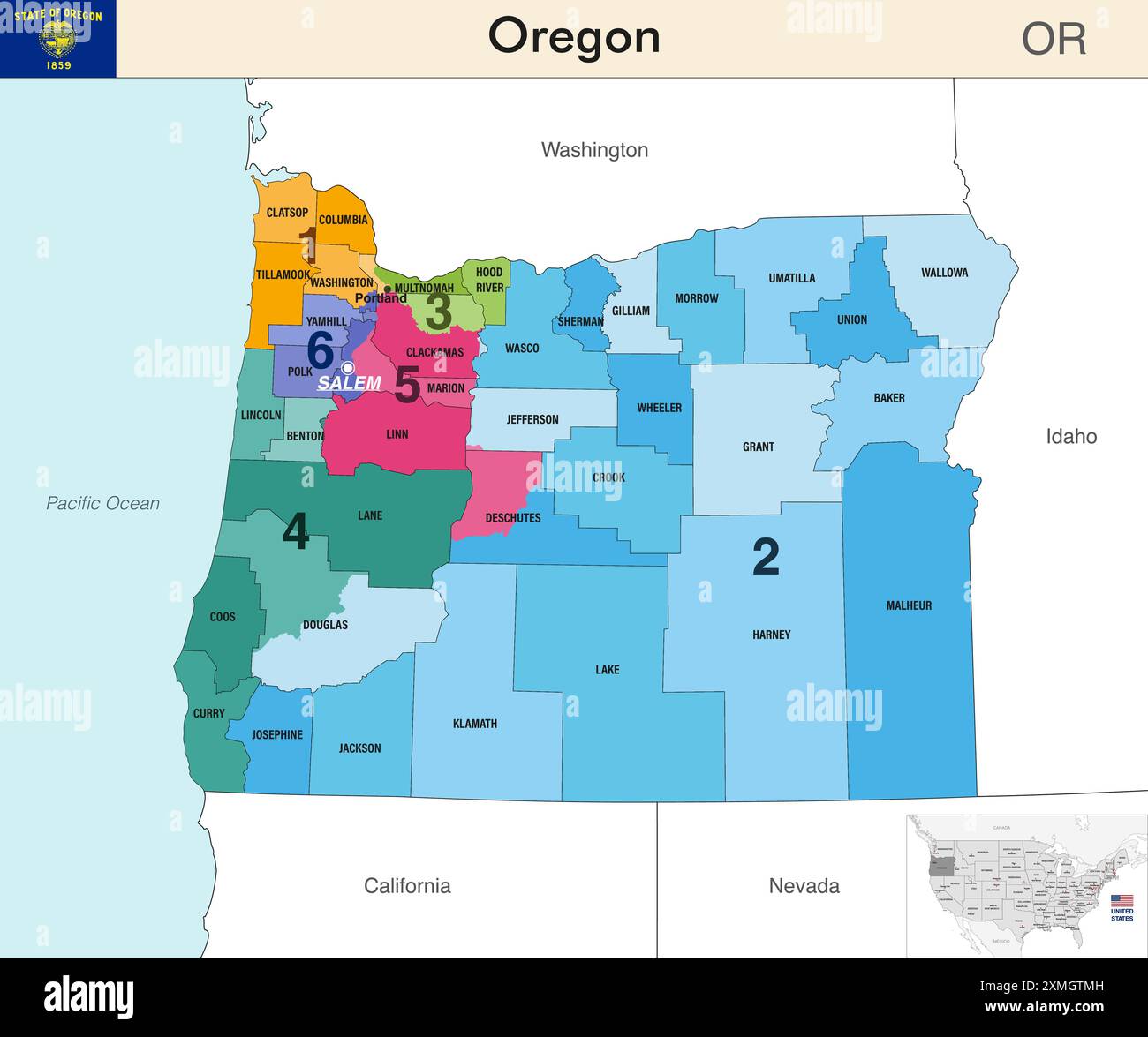 Oregon state map with counties - Oregon State Map With Counties Borders And Colored Congressional Districts Boundaries Due To The 2020 United States Census And Which Is Valid Since 20 2XMGTMH 
