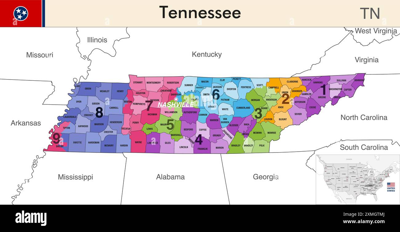 Tennessee state map with counties borders and colored congressional districts boundaries due to