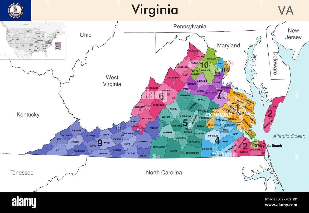 Virginia state map with counties borders and colored congressional