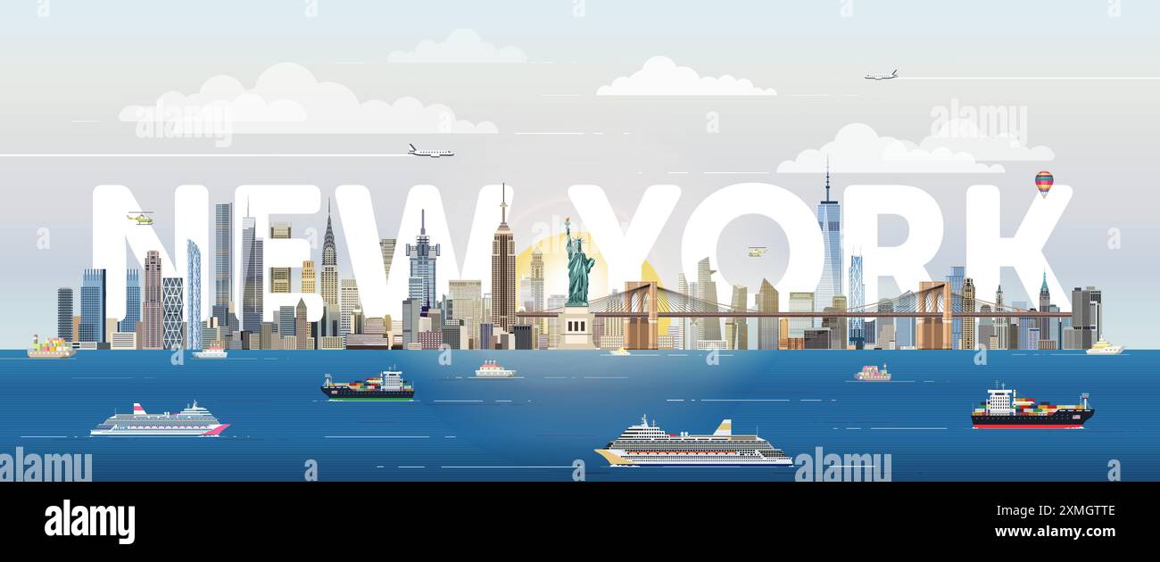 New York city skyline colorful vector illustration. Travel poster Stock Vector