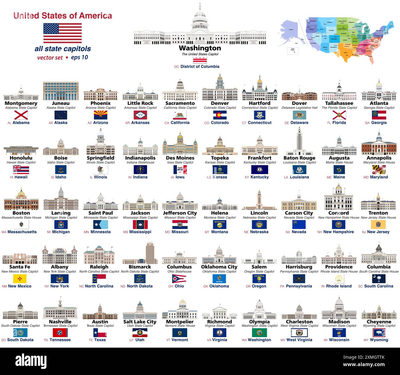 All state capitols of the United States. Detailed vector isolated icons of all capitol buildings. Map of the United States with all state capitals on Stock Vector