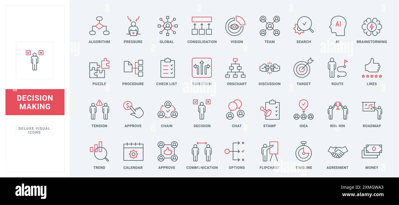 Business decision making in team line icons set. Discussion of office employees to approve idea, procedure or algorithm, communication structure thin black and red outline symbols vector illustration Stock Vector