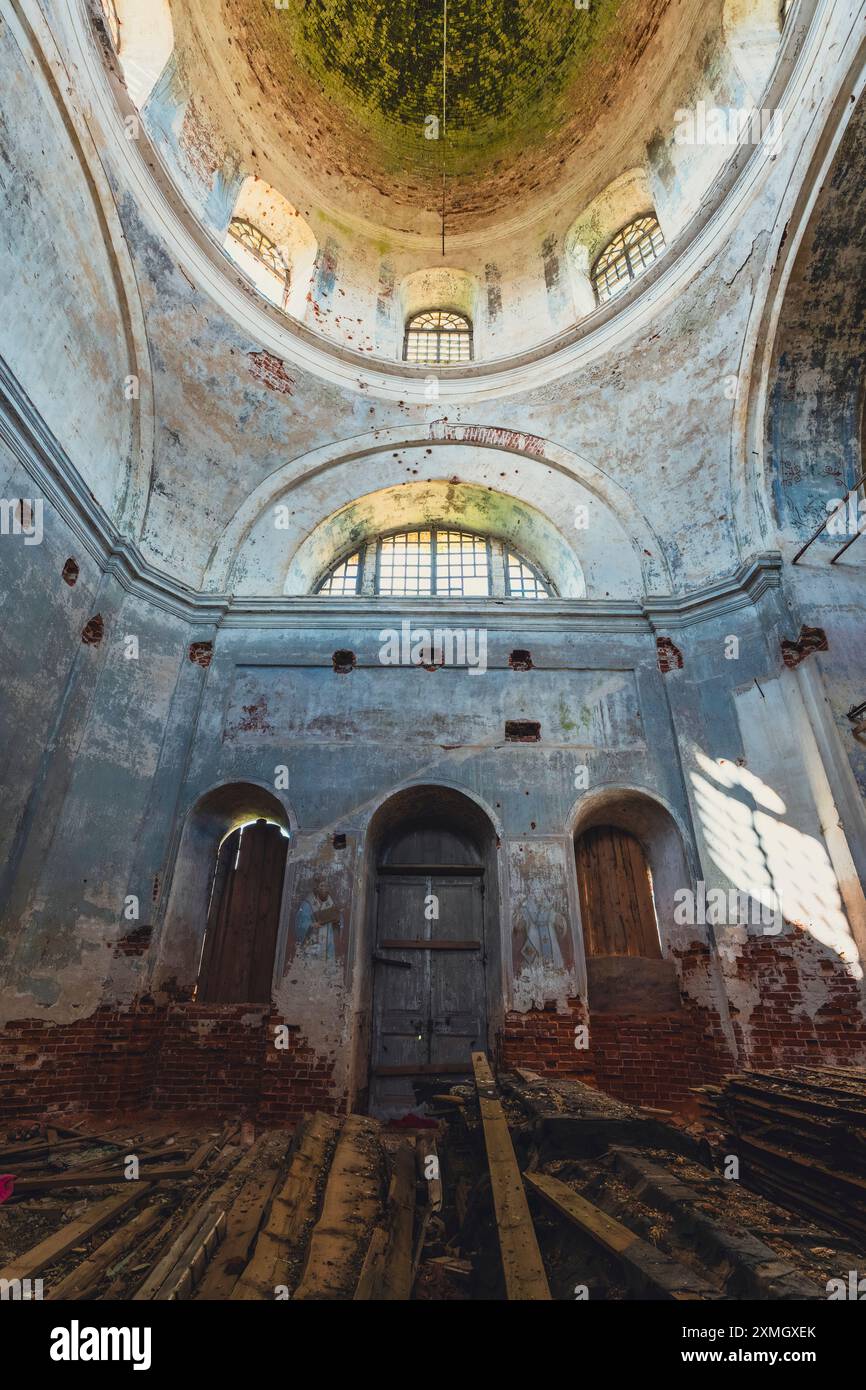 Interior view of an abandoned church, focusing on the deteriorating ...