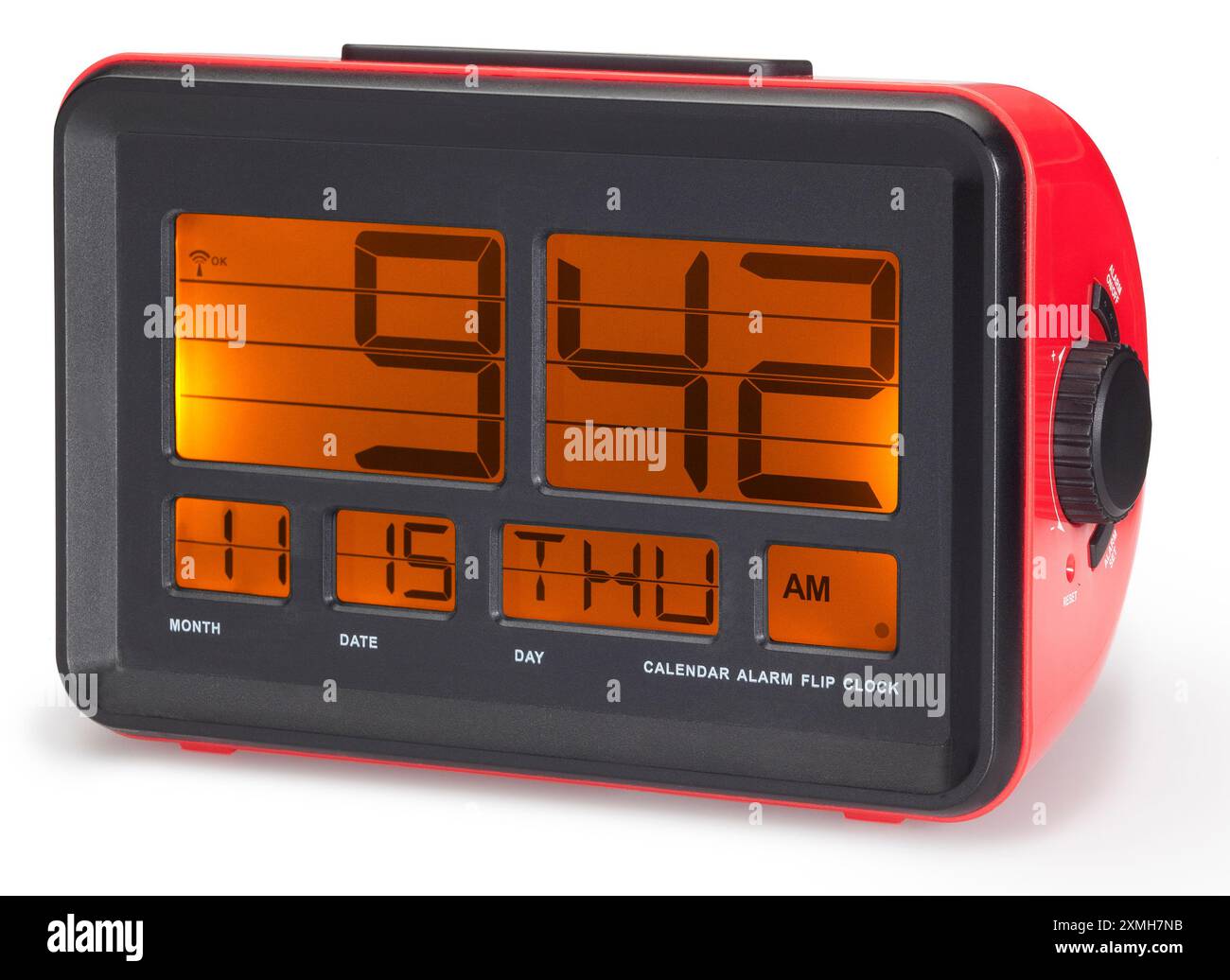square vintage alarm flip clock on white background Stock Photo